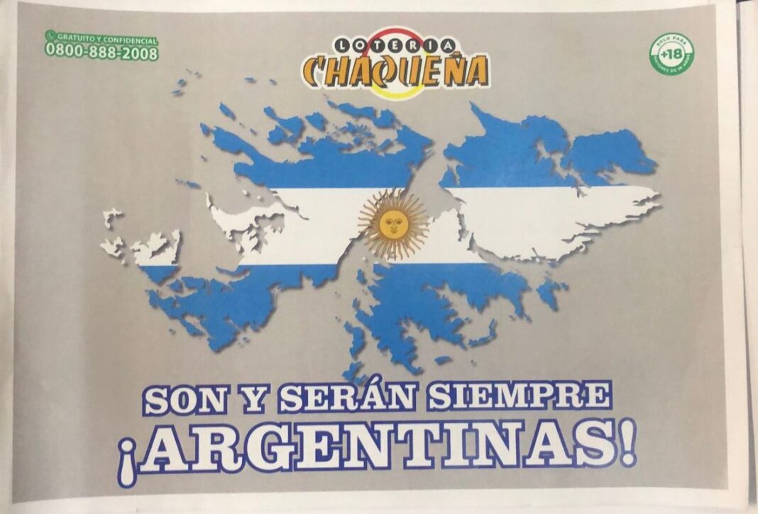 Cartones de bingo de Lotería Chaqueña con impresión alusiva a las Islas Malvinas