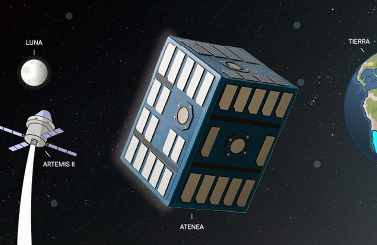 Ilustración artística del microsatélite argentino Atenea en el espacio, con la Tierra de fondo.