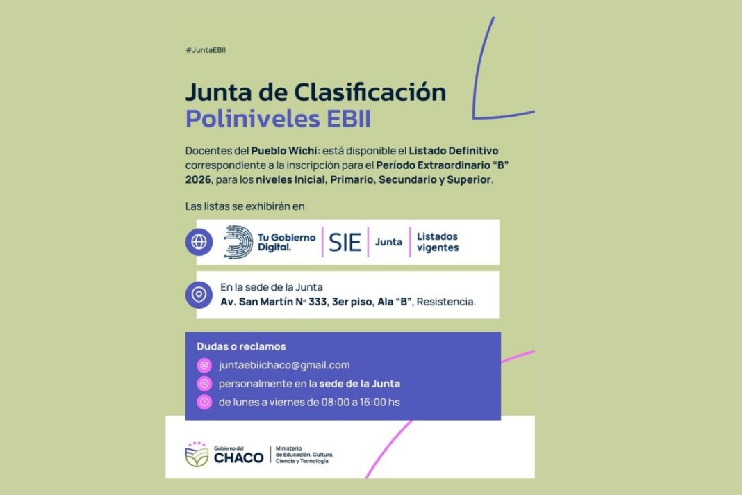 Listado definitivo docentes wichí período extraordinario B 2026 Chaco