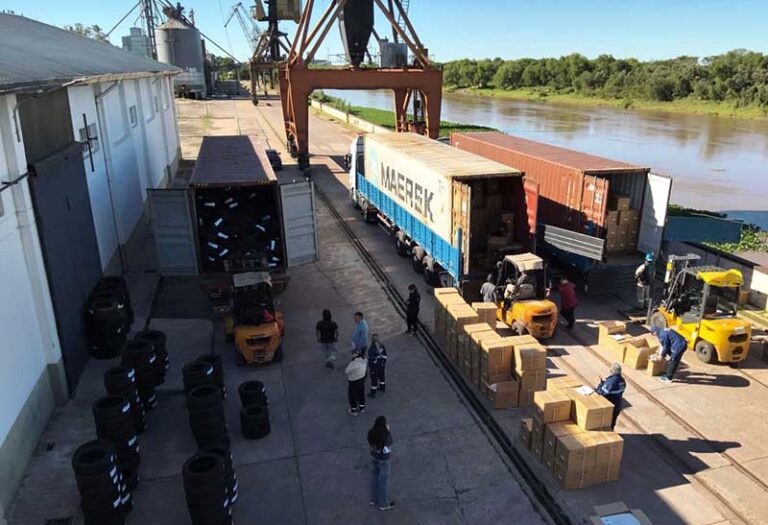 Vista del Puerto de Barranqueras con contenedores y grúas durante la operación de importación