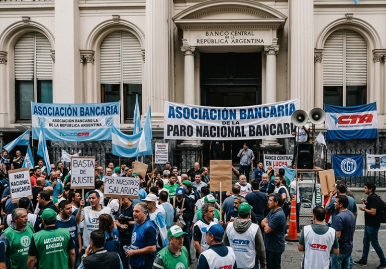 Sucursal bancaria con cartel de horario reducido por paro en Chaco